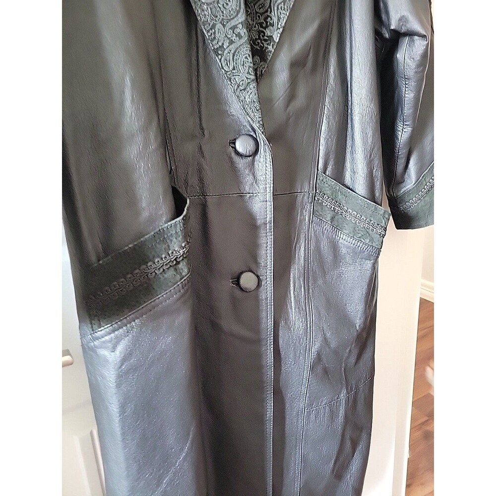 Vintage Winlit Leather Trench Coat Womens Large Black Paisley Embossed 80s 90s - Picture 6 of 13